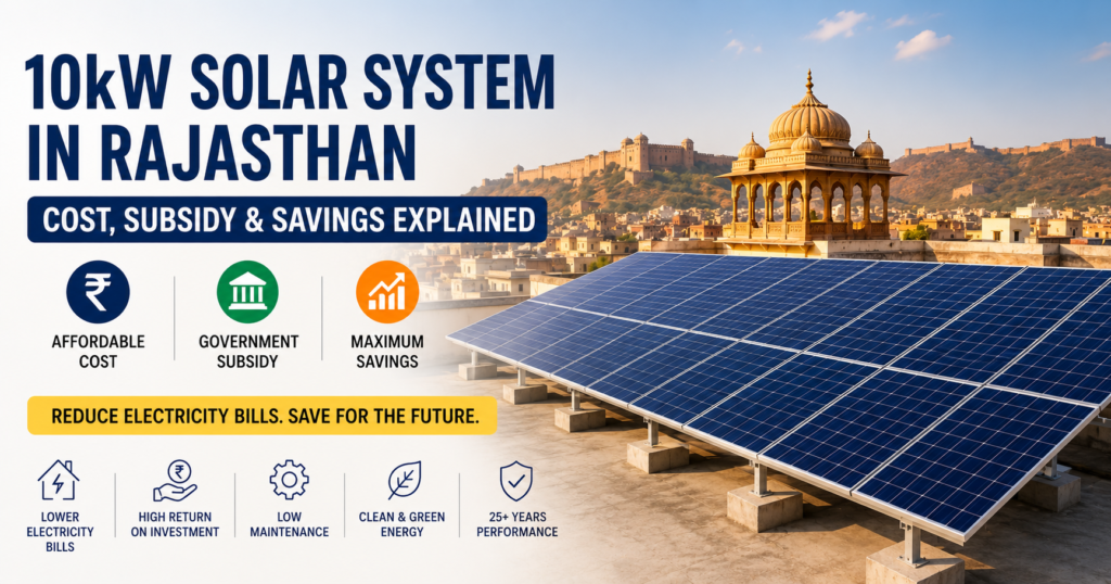 10kW solar system in Rajasthan with rooftop solar panels showing cost subsidy and electricity savings