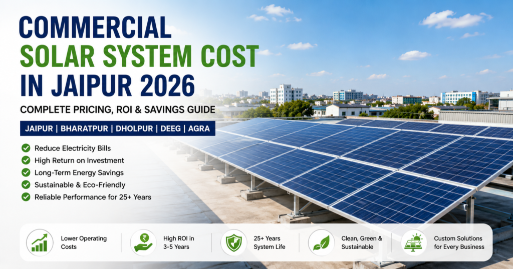 Commercial solar system installation in Jaipur for businesses with rooftop solar panels and high ROI savings