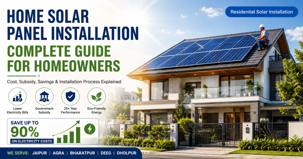 Home solar panel installation on residential rooftop house with government subsidy and electricity bill savings