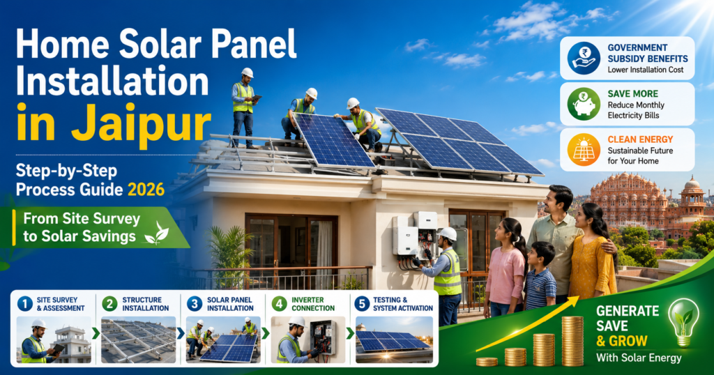 Home Solar Panel Installation in Jaipur showing rooftop solar panel setup, inverter connection, and residential solar installation process.