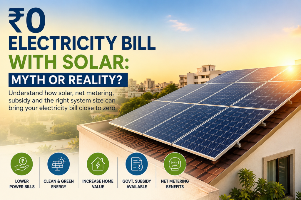 ₹0 Electricity Bill with solar panels on a residential rooftop